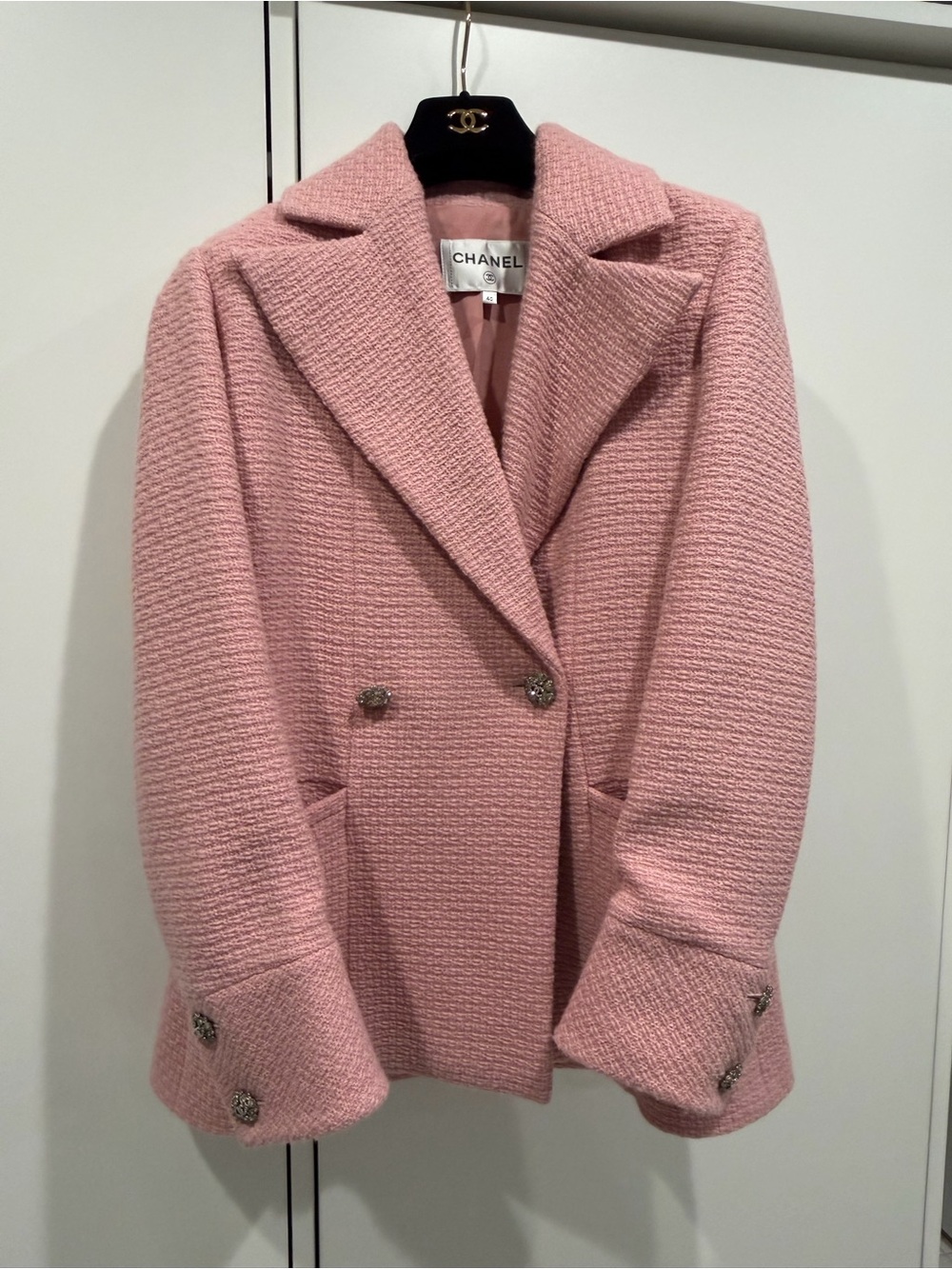 CHANEL Pink Tweed Double-Breasted Blazer Jacket